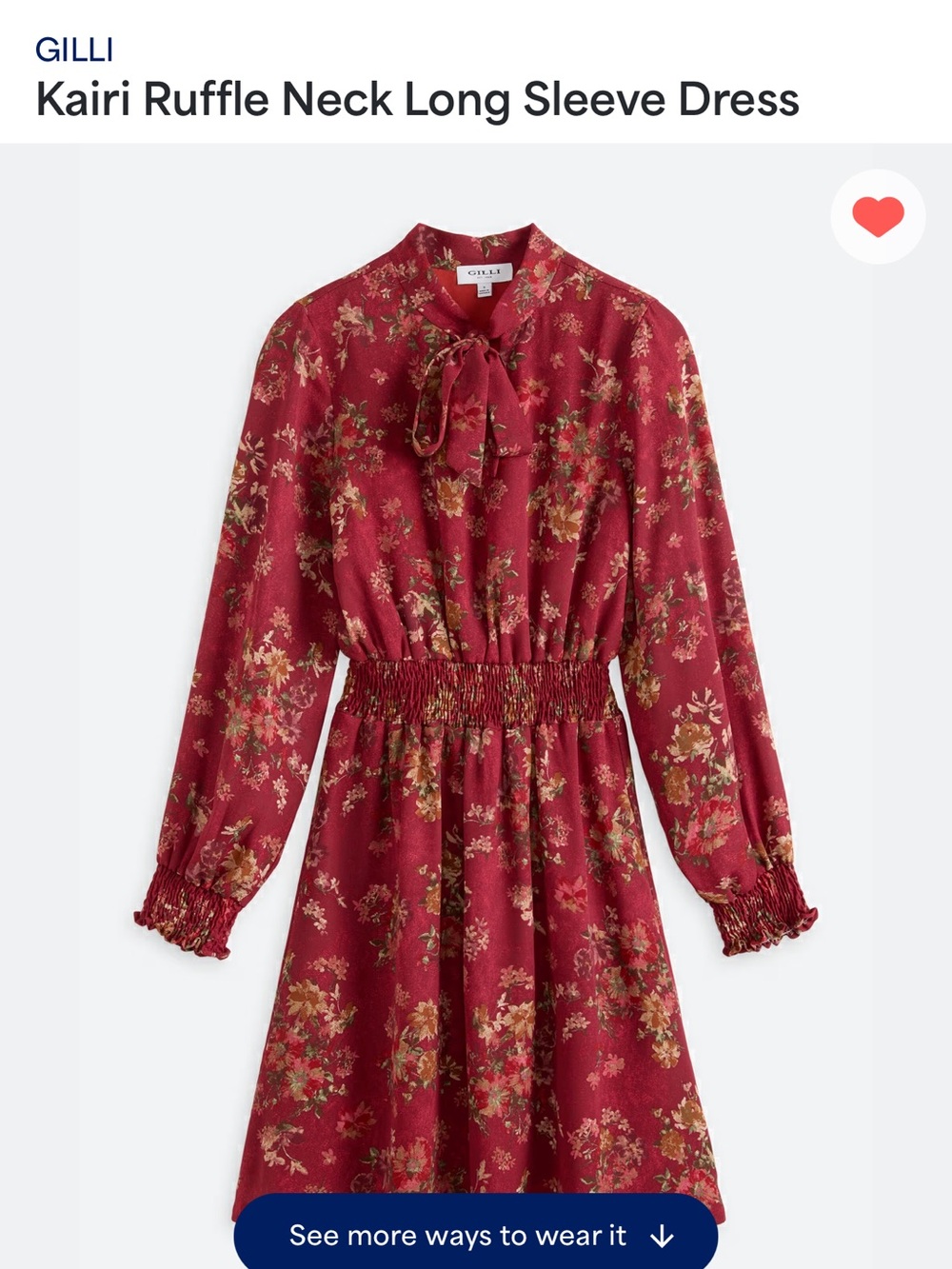 GILLI Burgundy Floral Ruffle Neck Long Sleeve Dress 🏠